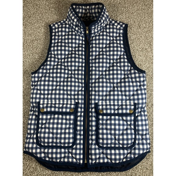 J.CREW Jackets & Blazers - J. Crew Black‎ Label Down Vest Women's Small Blue White Gingham Check Full Zip
